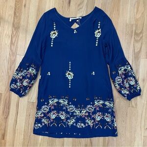 NWT Boho Dress Large Blue Embroidered Available Long Sleeve Hippie Floral Knee
